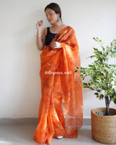 Mahi Orange Cut & Pearls Work Pure Organza